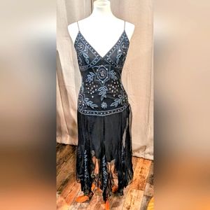 Vintage Stenay black 20's style dress with heavy blue beading size 6